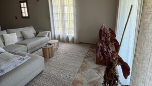 Un salon avec un canapé, une table basse et une plante en pot.