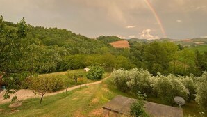 Un paisaje verde y exuberante con un arcoíris sobre una zona montañosa.
