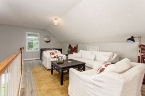 Smart TV, caminetto, tavolo da calcetto, libri