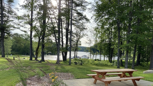 Une table de pique-nique dans un parc avec vue sur un lac.
