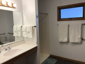 Shower, hair dryer, towels, soap - 5th Steele Place, LLC - Downtown Algoma Condos: Overnight or Extended Stays (Algoma)
