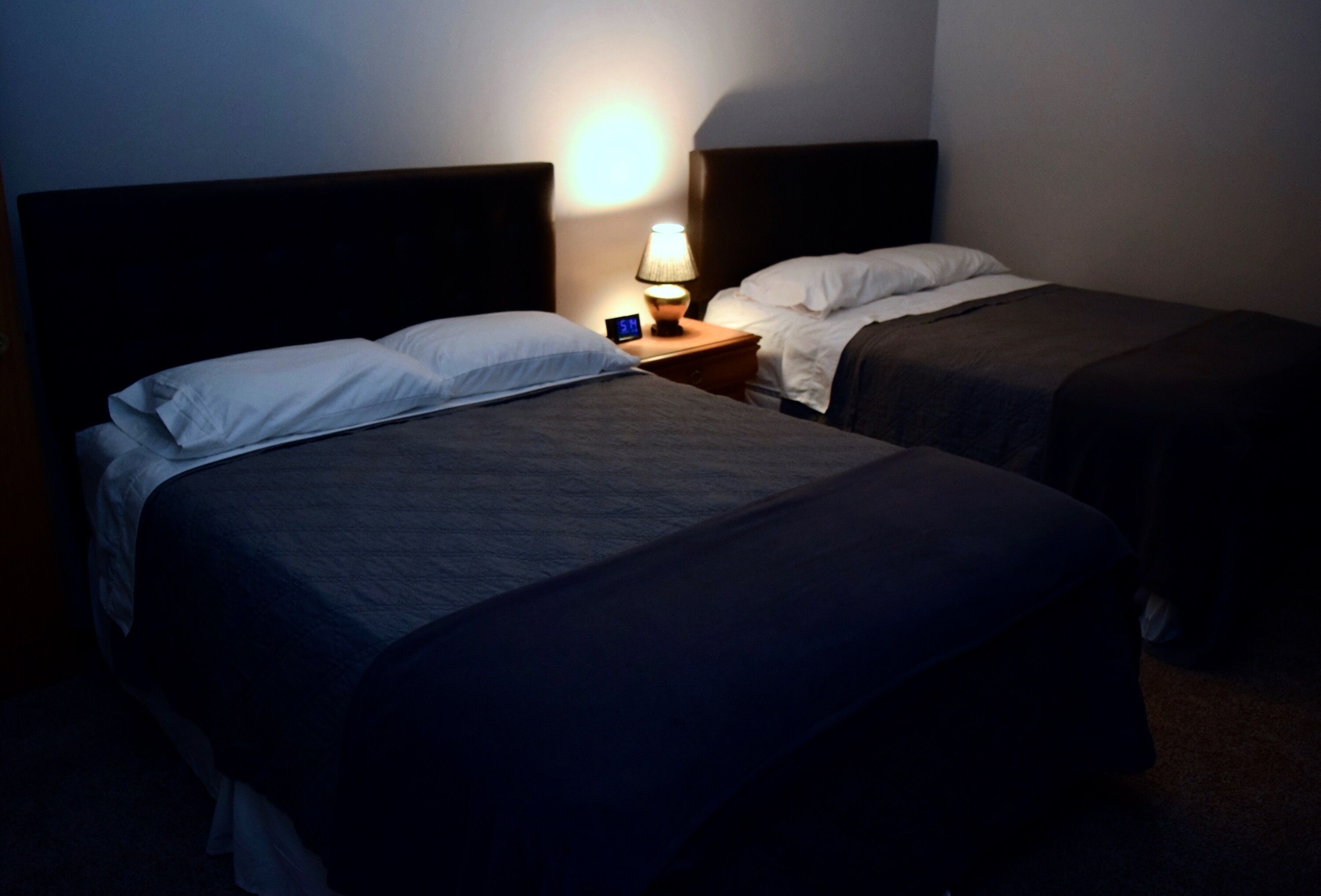Two single beds with dark bedding, a bedside table with a lamp, and a wall-mounted clock.