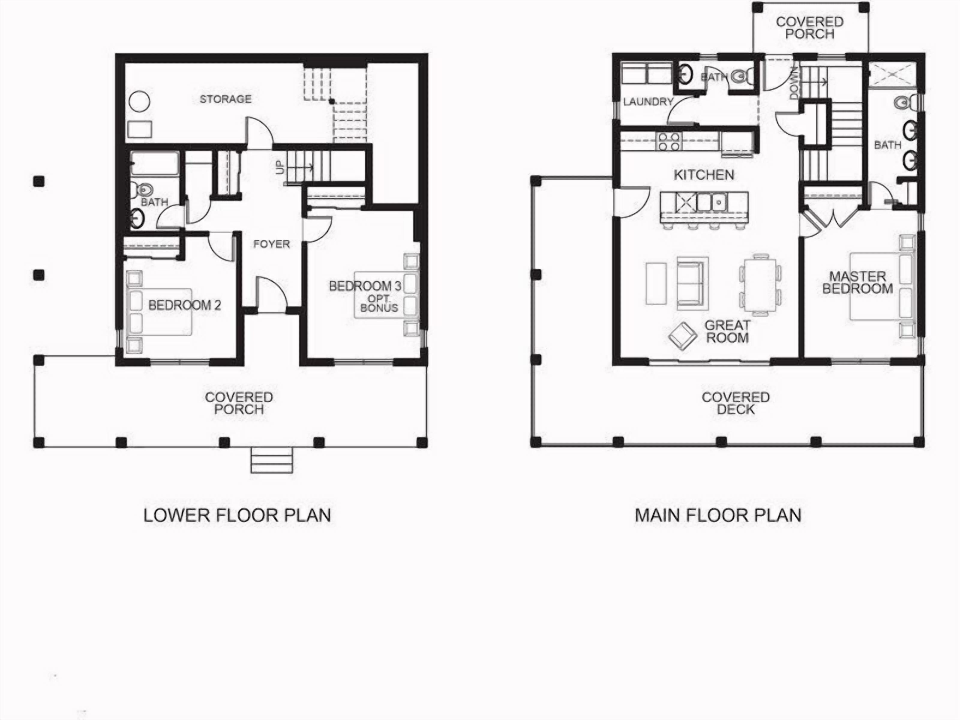 Plano de planta de una habitación baja con porche cubierto, almacenamiento, dos dormitorios, un vestíbulo y un baño. El plano de planta principal incluye un porche cubierto, lavandería, cocina, dormitorio principal y una sala de estar amplia.