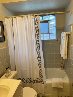 Duschwanne, Haartrockner, Handtücher, Seife