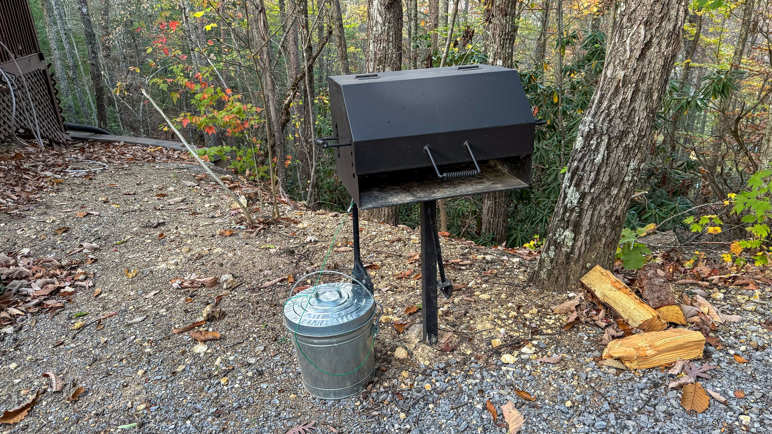 A black barbecue grill with a metal bucket and firewood in a forested area.