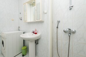 Shower, hair dryer, towels