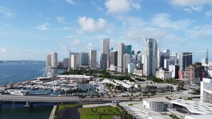 A coastal cityscape with high-rise buildings, a marina with boats, and a Ferris wheel. - Directly on the beach with Free beach lounges.  Best location in South Beach! (Miami Beach)