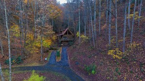 A cabin in a forest with a dirt path leading to it. - Sweet Serenity - Easy to Access Cabin By A Small Mountain Stream in Wears Valley (Sevierville)