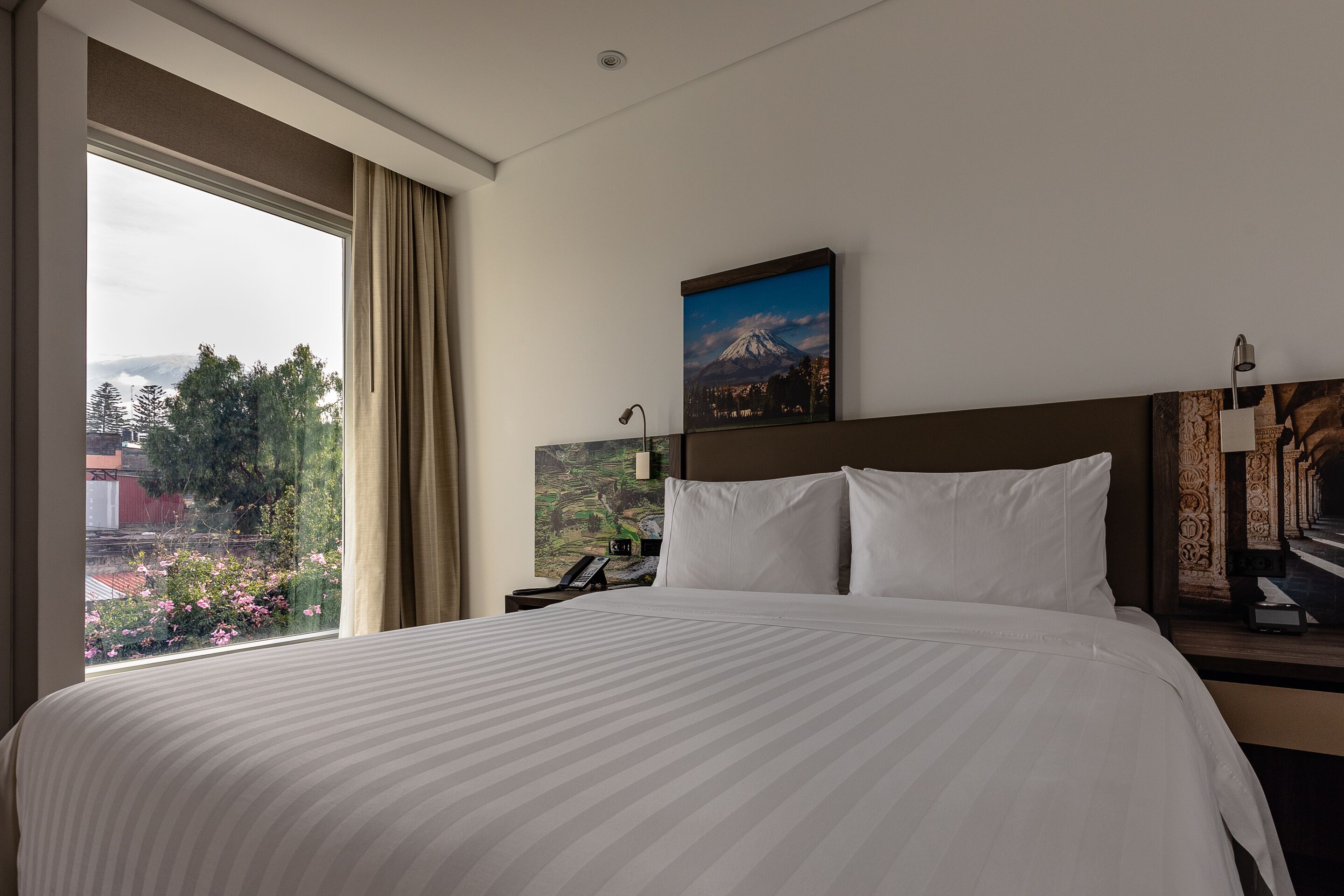A hotel room with a large bed, a window with a view of greenery and buildings, a painting of a mountain, and a nightstand with a lamp.