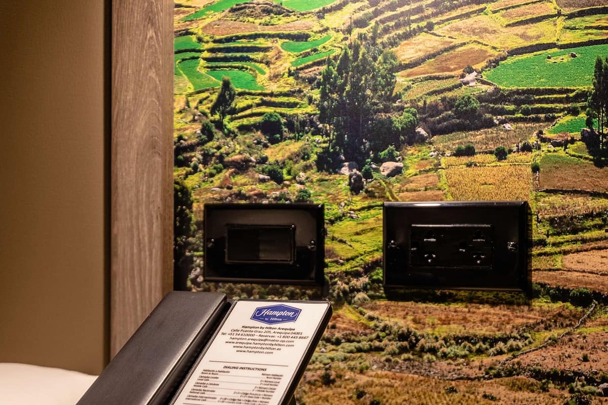 A hotel room with a telephone, remote control, and a wall with a scenic landscape mural.