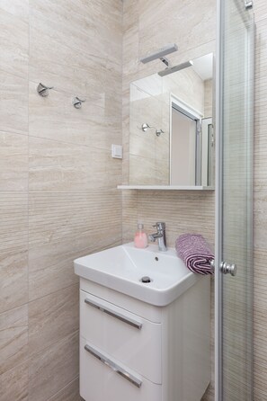Shower, hair dryer, towels