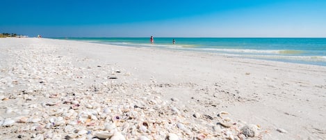 On the beach, sun loungers, beach towels