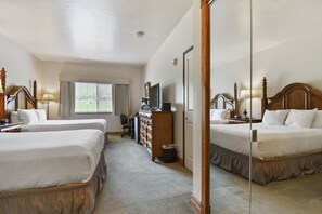 A hotel room with two beds, a desk with a computer, a dresser, and a large mirror. - Mtn Retreat: Relax Serene Nature, Hot Spring & Spa Villa 2013 (Midway)