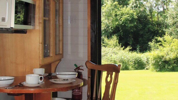 A wooden dining table with a chair, a microwave, and a window with a view of a green landscape.