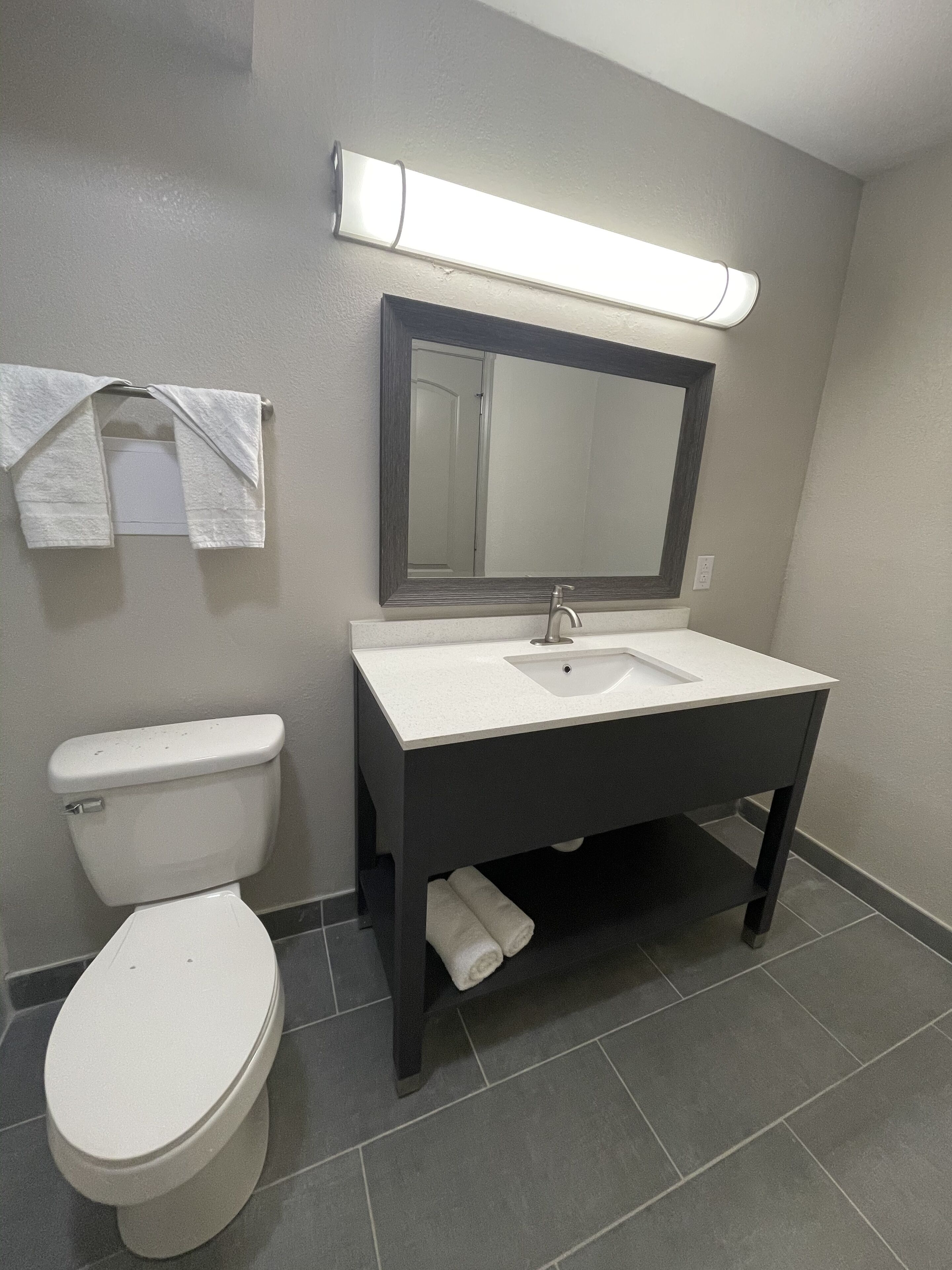 A bathroom with a toilet, sink, mirror, and towel rack.