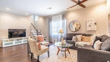 Smart TV, fireplace, books