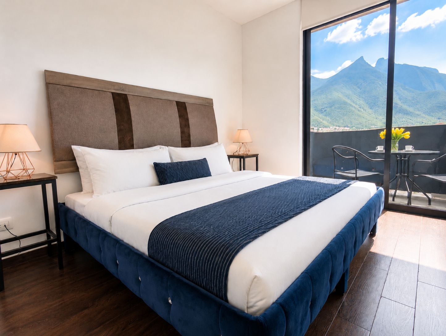 Une chambre d’hôtel avec un grand lit, deux tables de chevet et une vue sur les montagnes depuis un balcon.