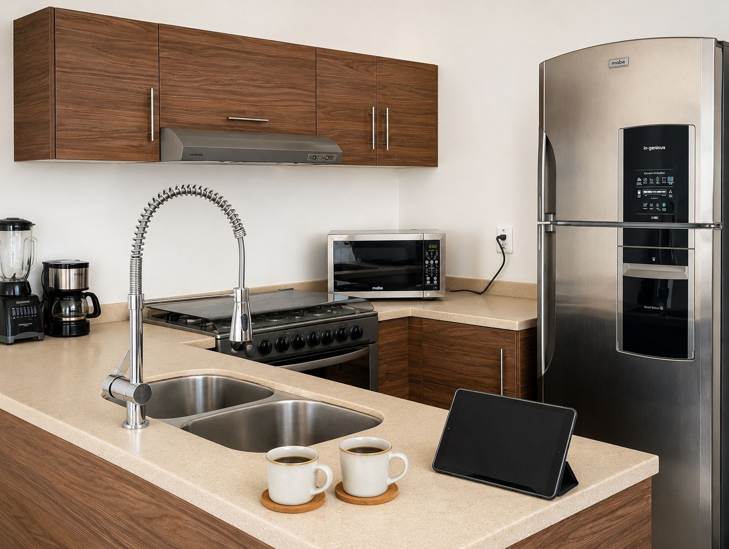 A modern kitchen with a stainless steel refrigerator, a microwave, a stove, and a coffee maker.