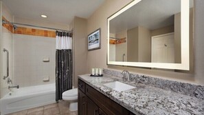 Hair dryer, bidet, towels, soap