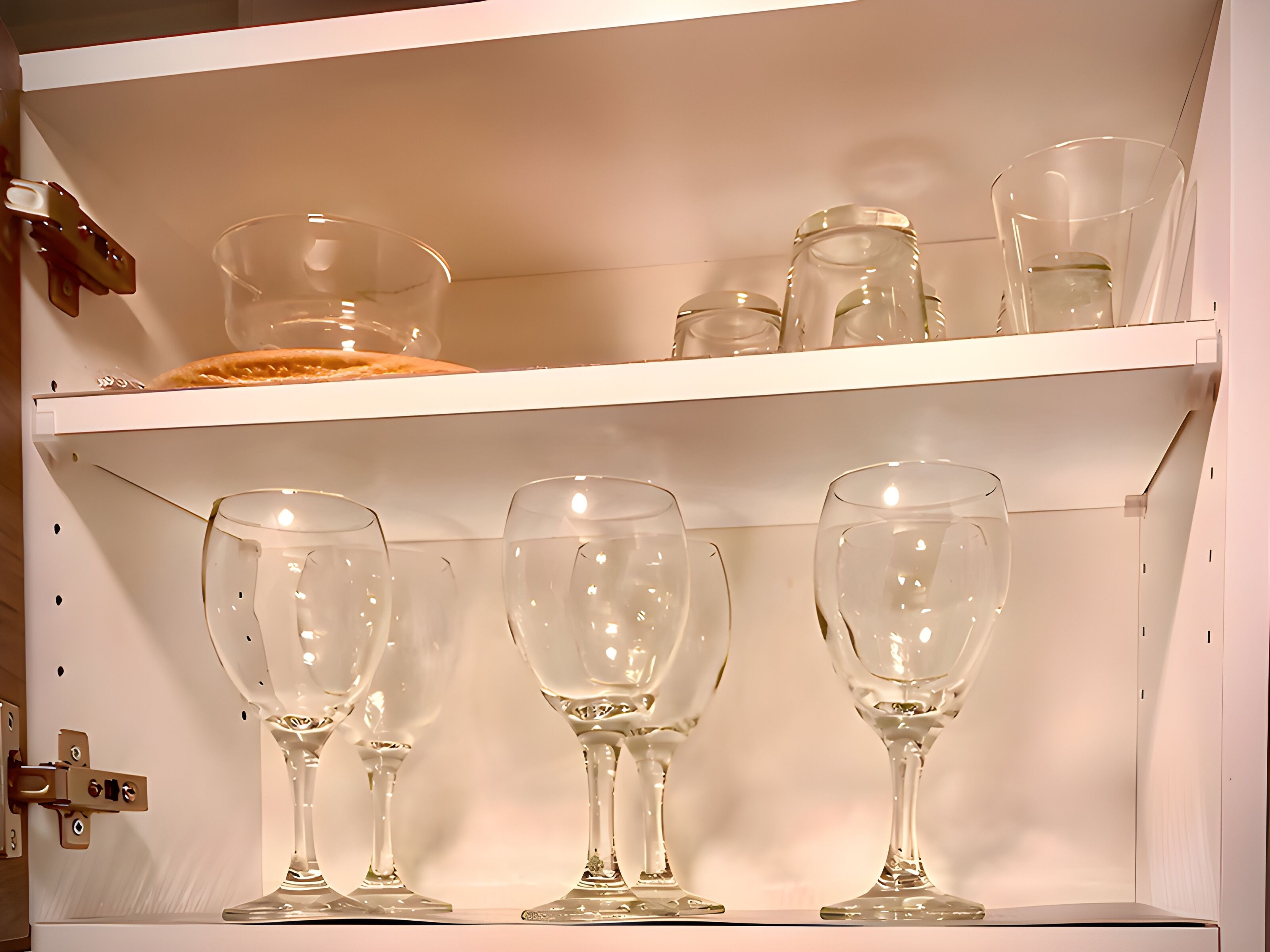 A white shelf with clear glassware, including wine glasses and a decanter.