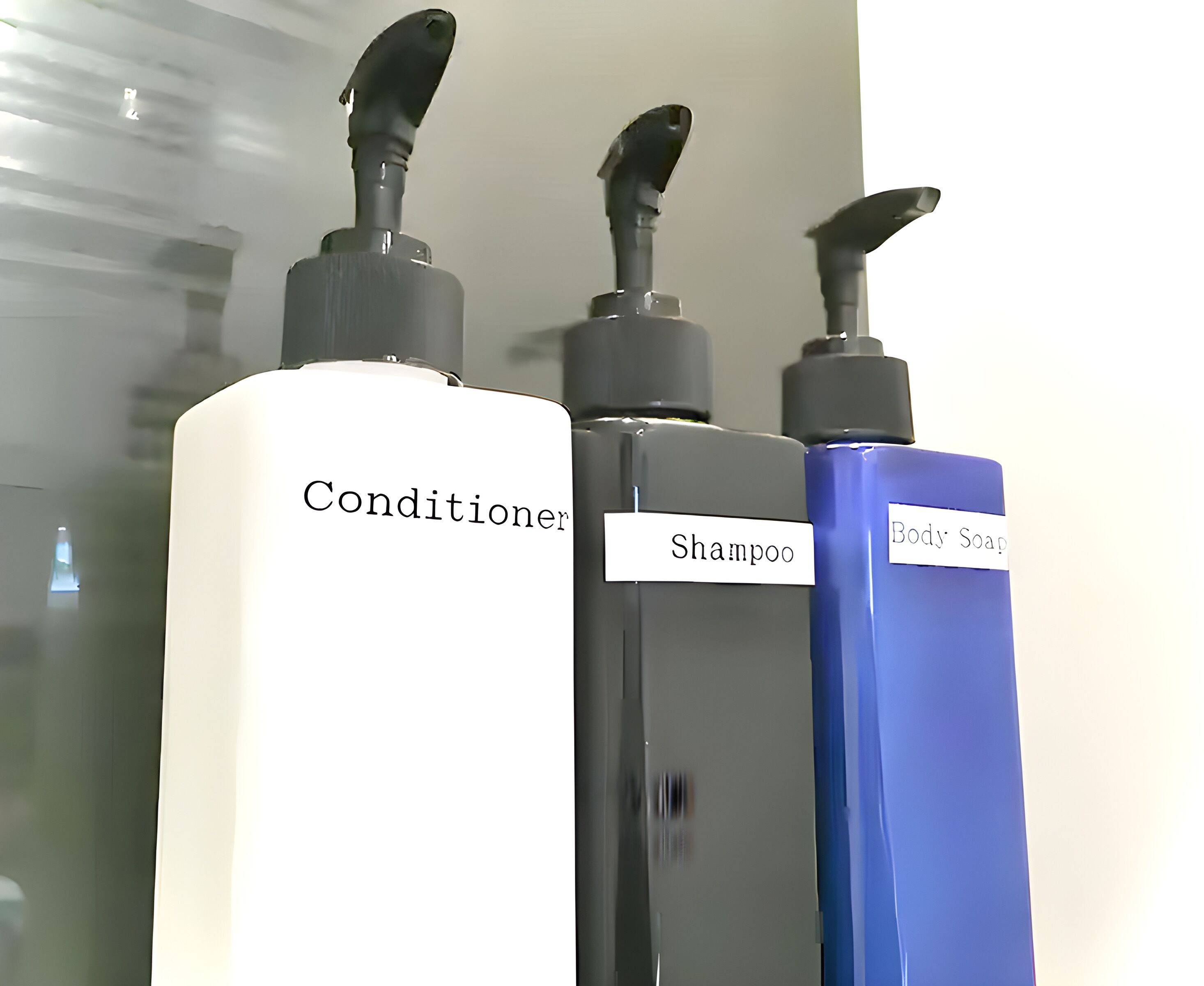 Kolme pulloa, joissa on etiketit: hoitoaine, shampoo ja vartalosaippua.