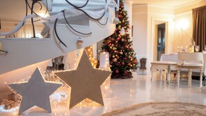 Una habitación amplia con un gran árbol de Navidad, adornos con estrellas y una alfombra estampada.