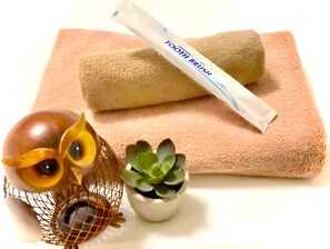 Een handdoek, een tube tandpasta, een kleine potplant en een decoratieve uil.