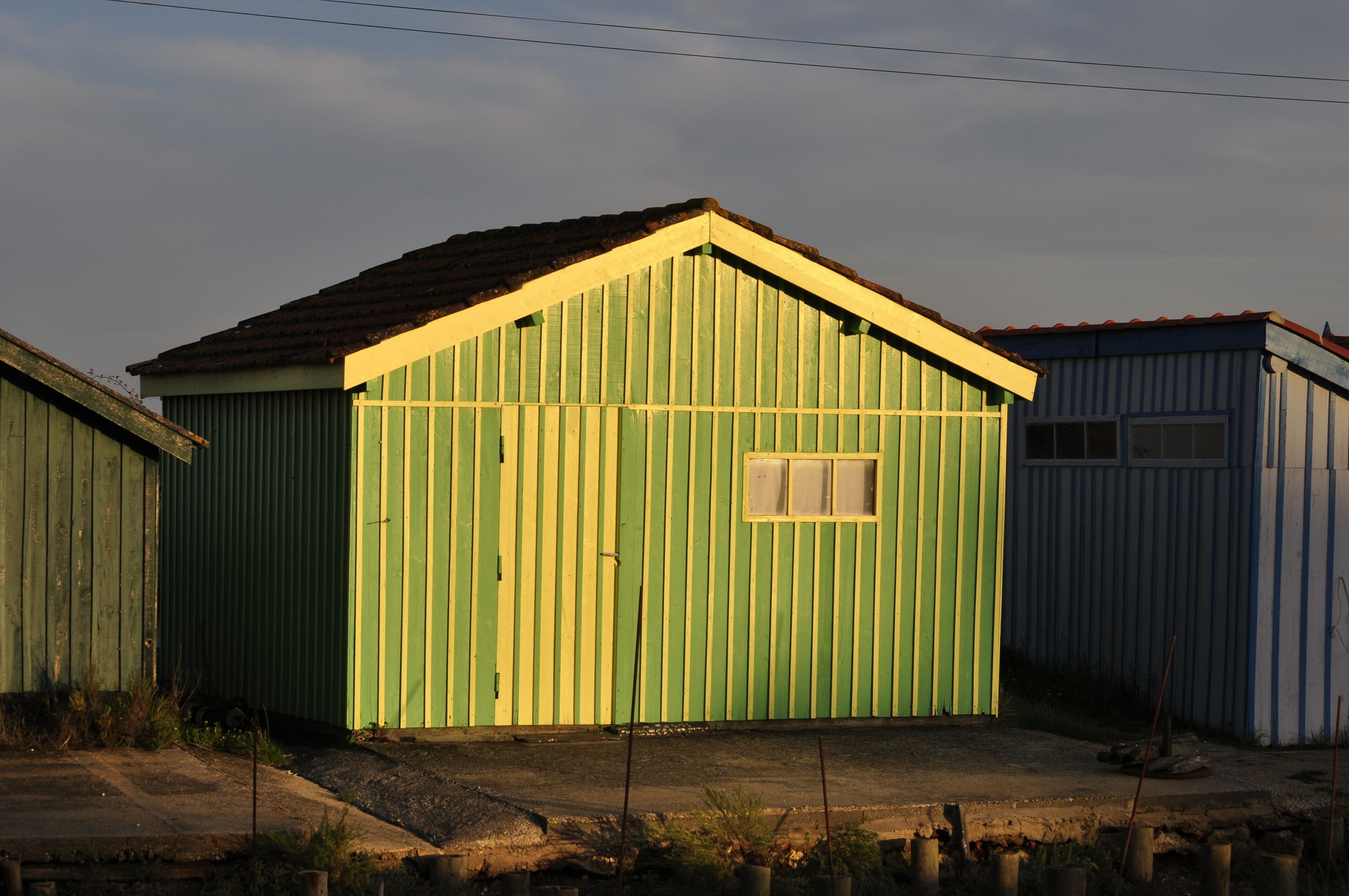 Un abri de jardin en métal vert, doté d’une petite fenêtre et d’une porte, situé à côté d’une structure métallique bleue.