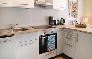 Fridge, stovetop, dishwasher, coffee/tea maker