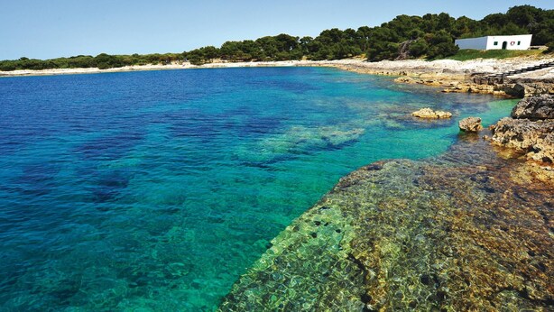 Una zona costera con aguas azul turquesa, costas rocosas y un edificio blanco con puerta verde.