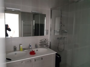 Regadera, secadora de cabello, jabón, papel de baño
