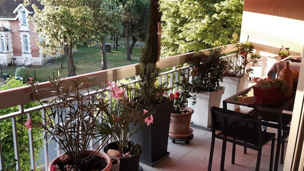 A balcony with potted plants, a table, and a chair.