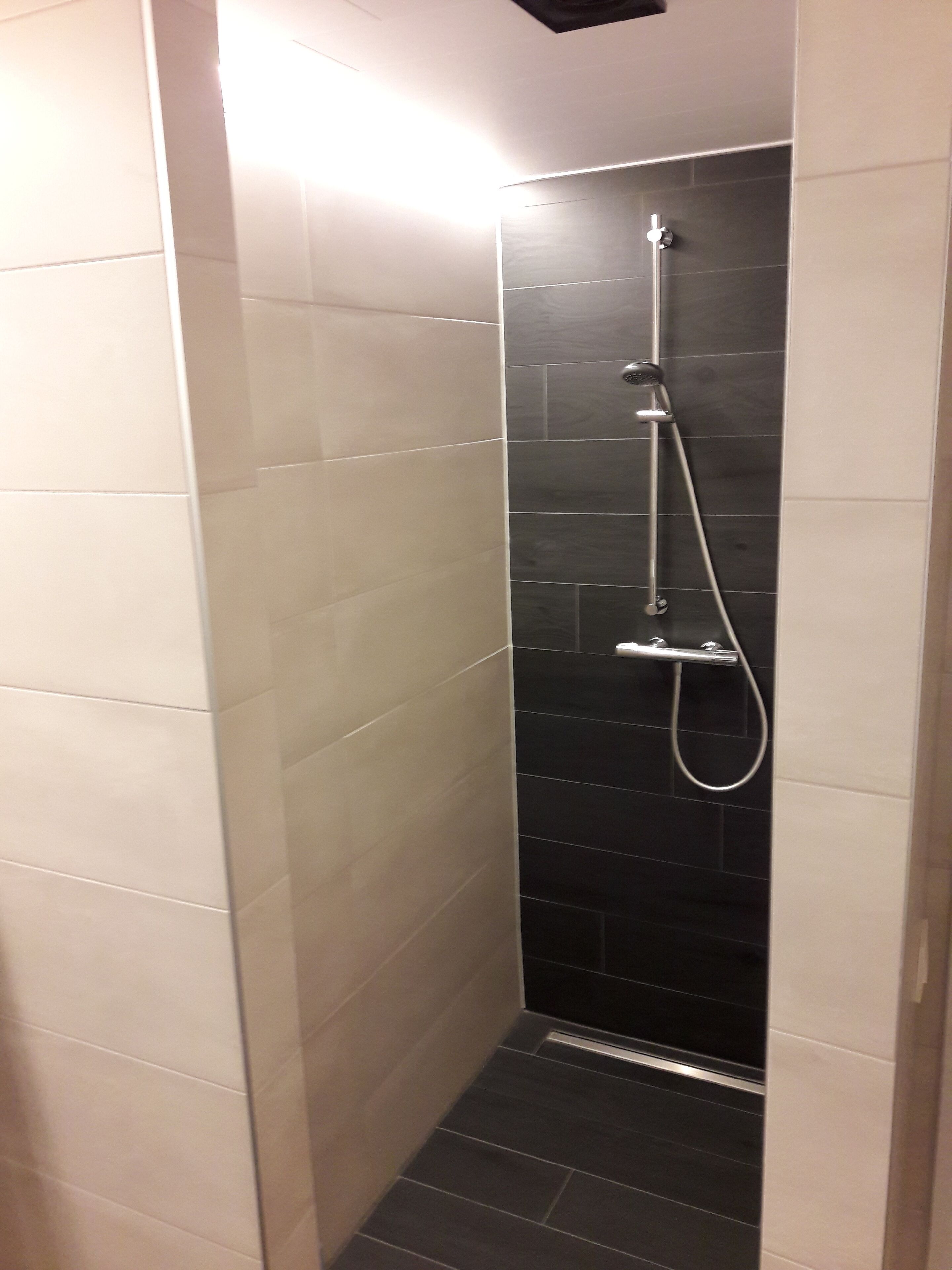 Une petite douche moderne avec un mur recouvert de carreaux foncés et un sol de couleur claire.