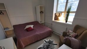 A bedroom with a bed, a chair, a zebra rug, a radiator, and a window with a plant.