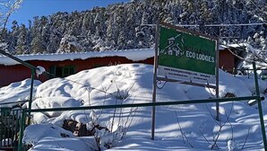 A snow-covered landscape with a sign for Himalayan Eco Lodges. - Himalayan High, Auli, By Himalayan Eco Lodges (Joshimath)