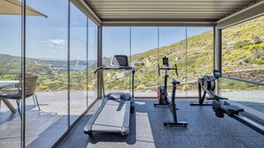 A gym with a treadmill, stationary bike, and rowing machine, overlooking a scenic landscape.