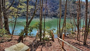 Ein bewaldetes Gebiet mit einer Holzterrasse mit Blick auf einen See.