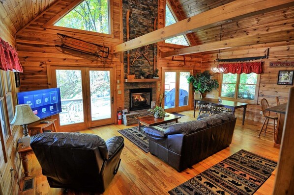 Smart TV, fireplace, foosball, books