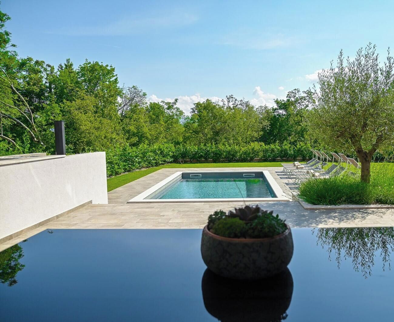 A modern outdoor swimming pool with a rectangular shape, surrounded by lush greenery and a clear sky.