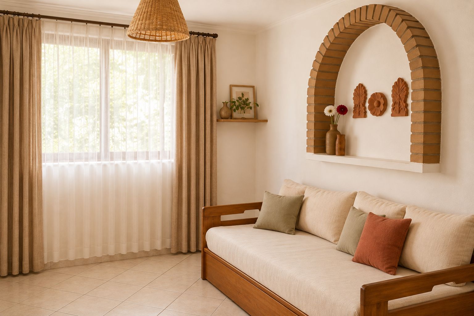 A room with a sofa, curtains, a hanging light fixture, a brick archway, and a shelf with decorative items.
