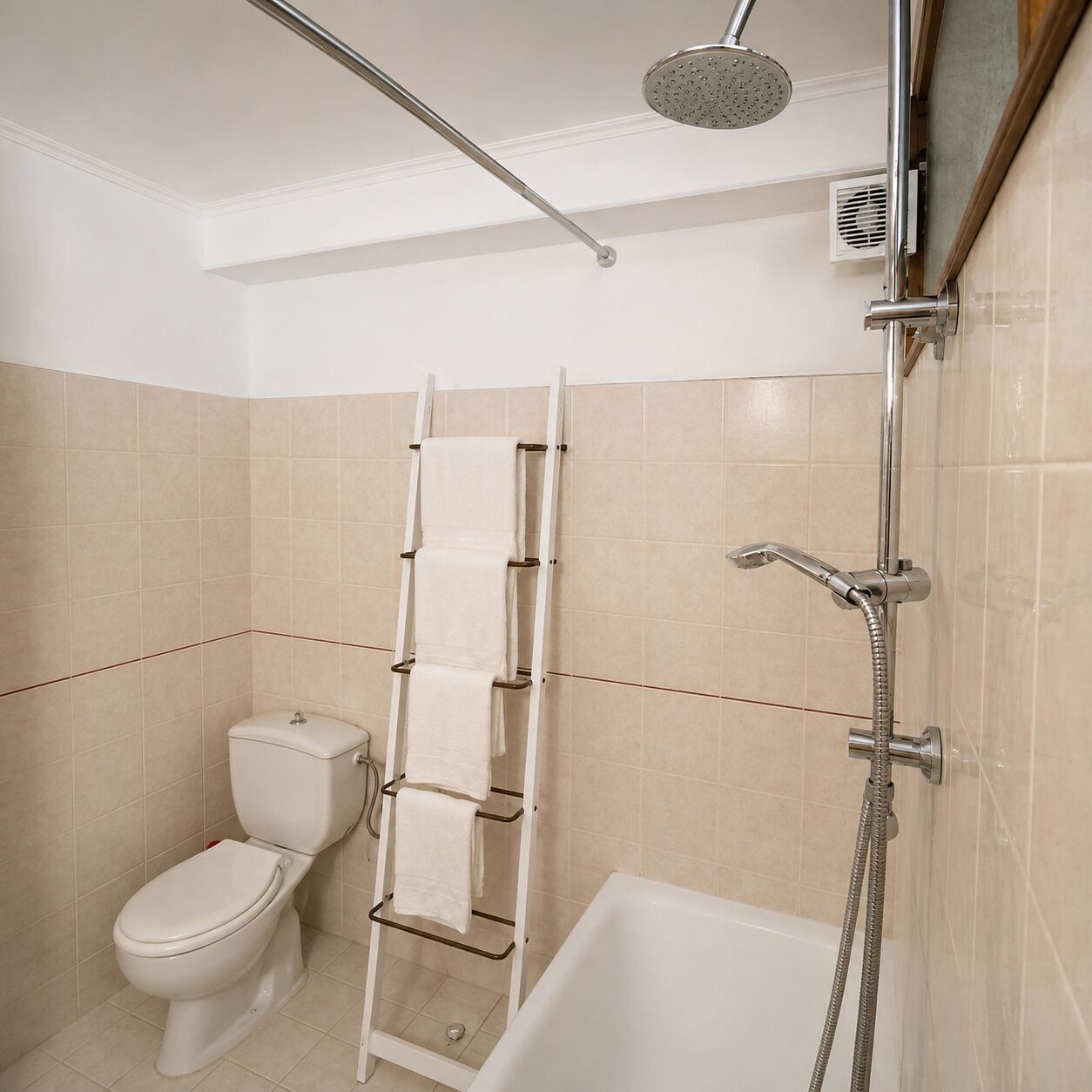 A bathroom with a toilet, a shower with a rain showerhead, and a bathtub.