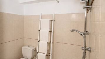 A bathroom with a toilet, a shower with a rain showerhead, and a bathtub.