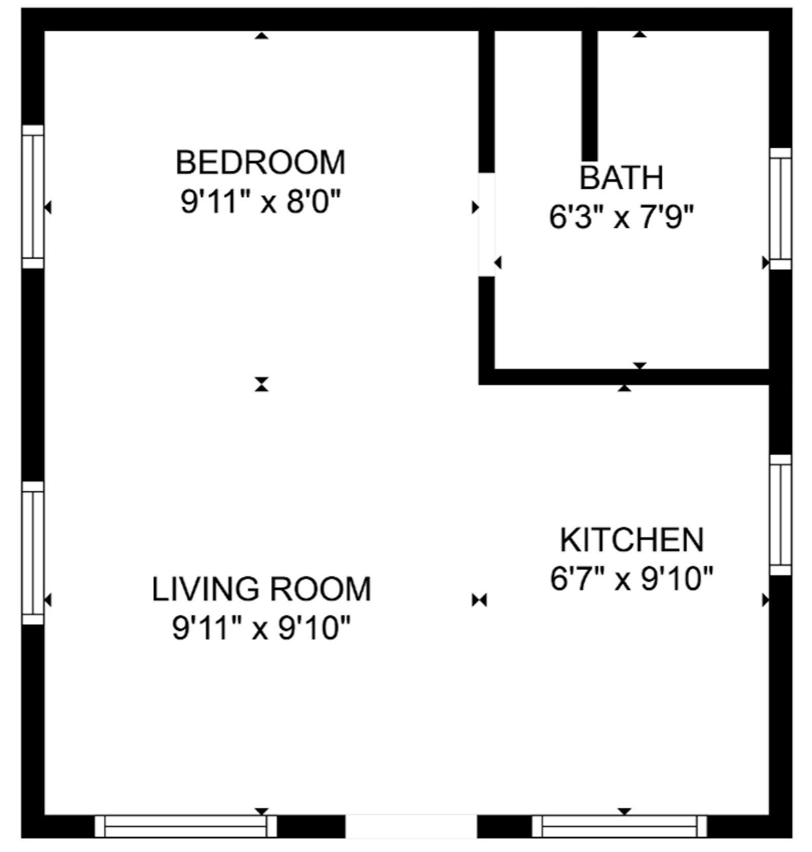 A floor plan with a bedroom (9'11" x 8'0"), a living room (9'11" x 9'10"), a kitchen (6'7" x 9'10"), and a bathroom (6'3" x 7'9").