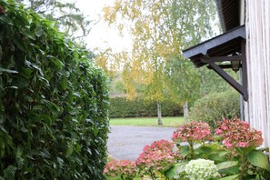 A garden with a hedge, pink hydrangea flowers, and a white building with a wooden structure.