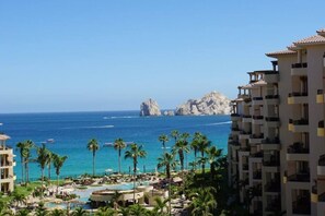 Enjoy ocean views from the comfort of your accommodation, surrounded by palm trees and a scenic rocky outcrop.