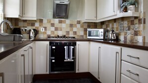 A modern kitchen with a skylight, stainless steel appliances, and a checkered backsplash.