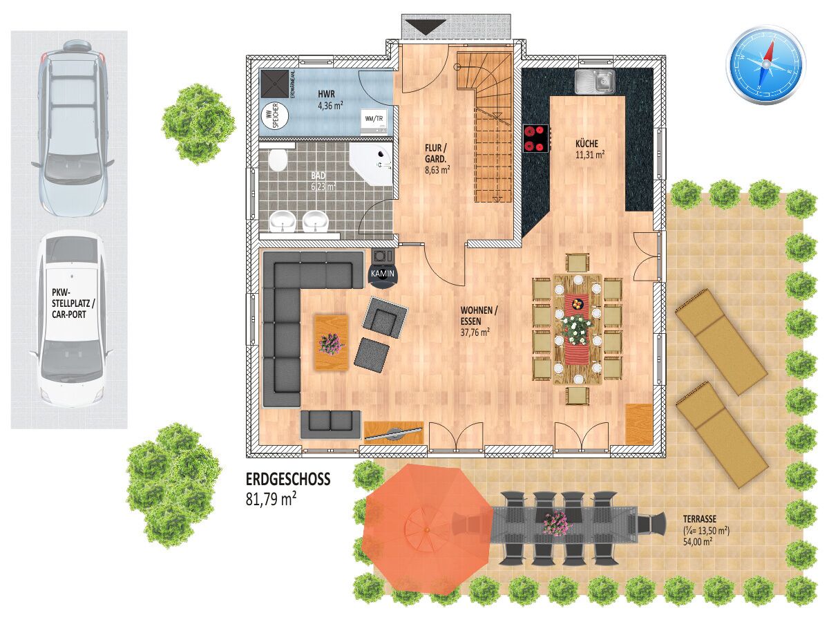 A floor plan of a hotel with a living room, kitchen, dining area, and a terrace.