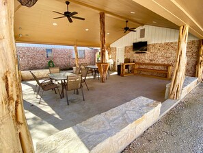 Outdoor dining - Gated River Ranch ~ 1,000' Private Frio River! Mtn. Views, Pet & Polaris OK. (Concan)