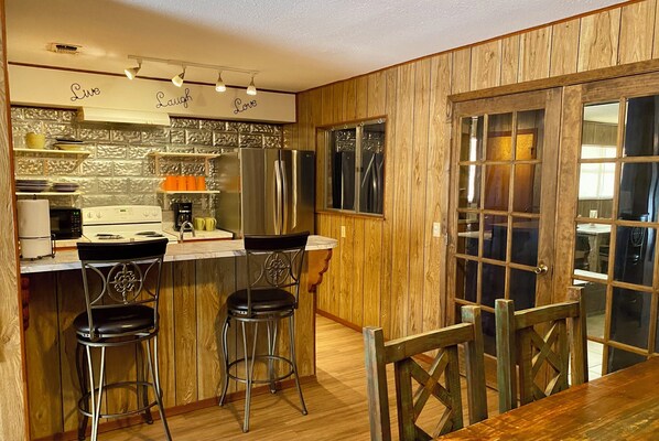 Fridge, microwave, oven, stovetop - Gated River Ranch ~ 1,000' Private Frio River! Mtn. Views, Pet & Polaris OK. (Concan)