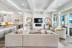 Smart TV, fireplace, foosball